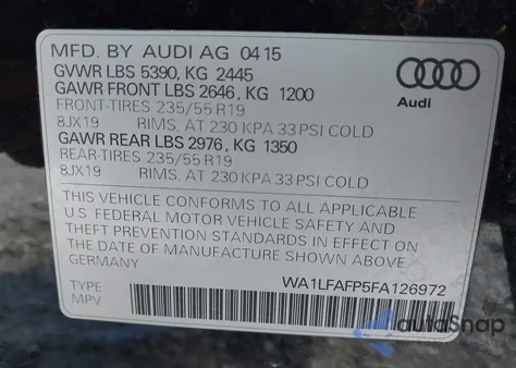 2015 Audi Q5 2.0T Premium из США, поврежденный, VIN WA1LFAFP5FA126972